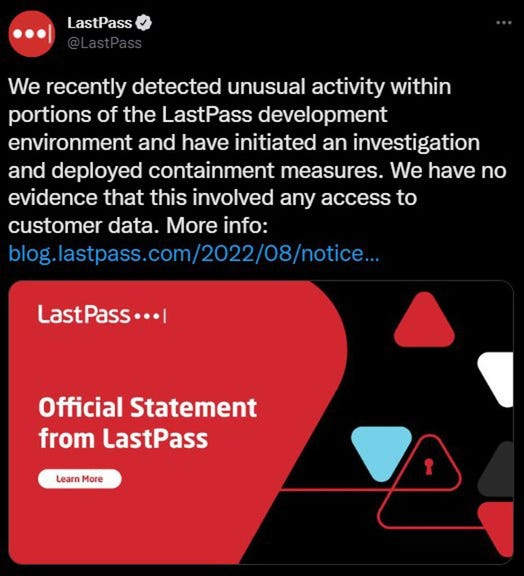 Official Statement on Twitter from the LastPass Breach